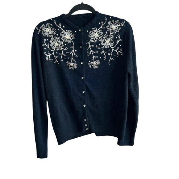 Vintage Gold Floral Embroidered and Beaded Black Cardigan Sweater - Picture 1 of 6